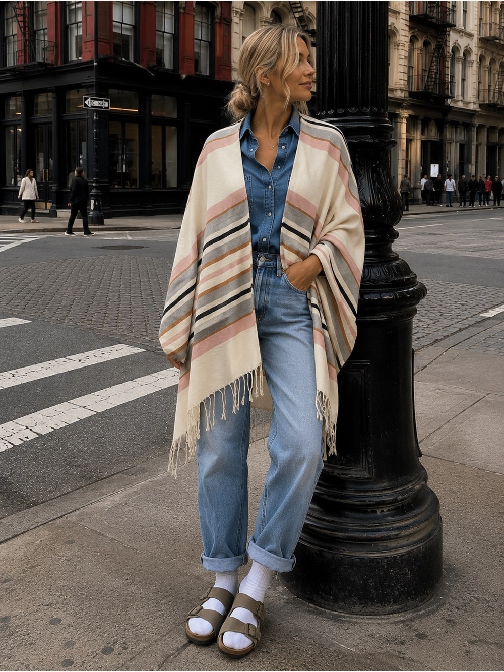 cream-colored open-front poncho featuring horizontal stripes in pink,